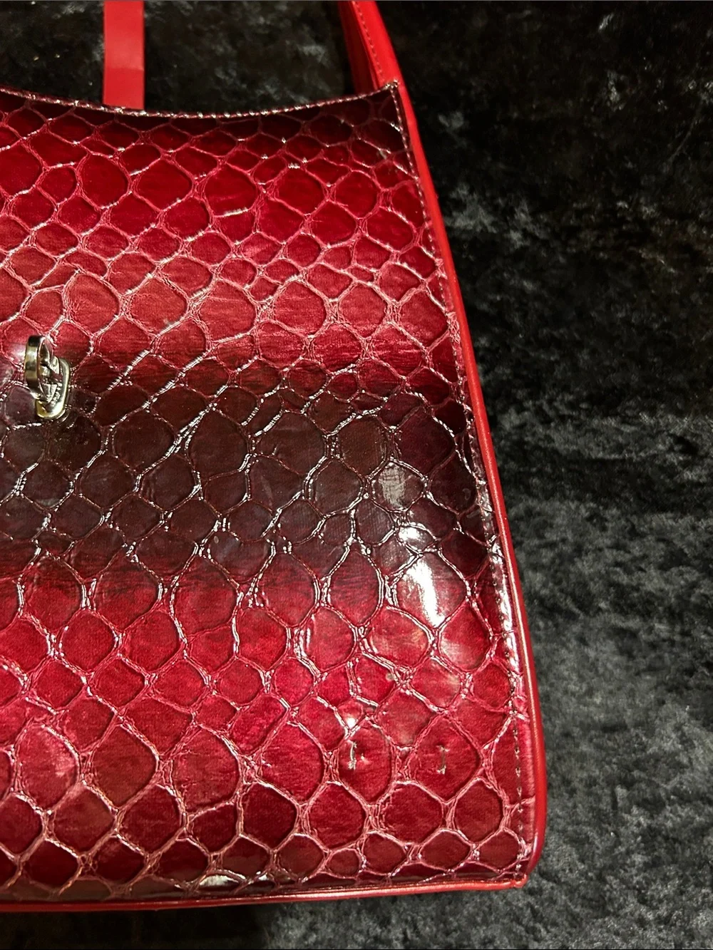Red Croc-Effect Patent Shoulder Bag with Metallic Clasp